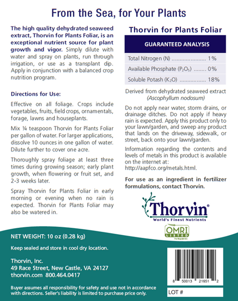 Thorvin for Plants back label